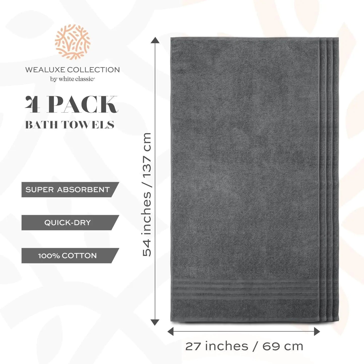 Dluxe Ave. Wealuxe Grey Bath Towels Set of 4 Cotton 27x54 Inch Body Towel for Hotel Gym