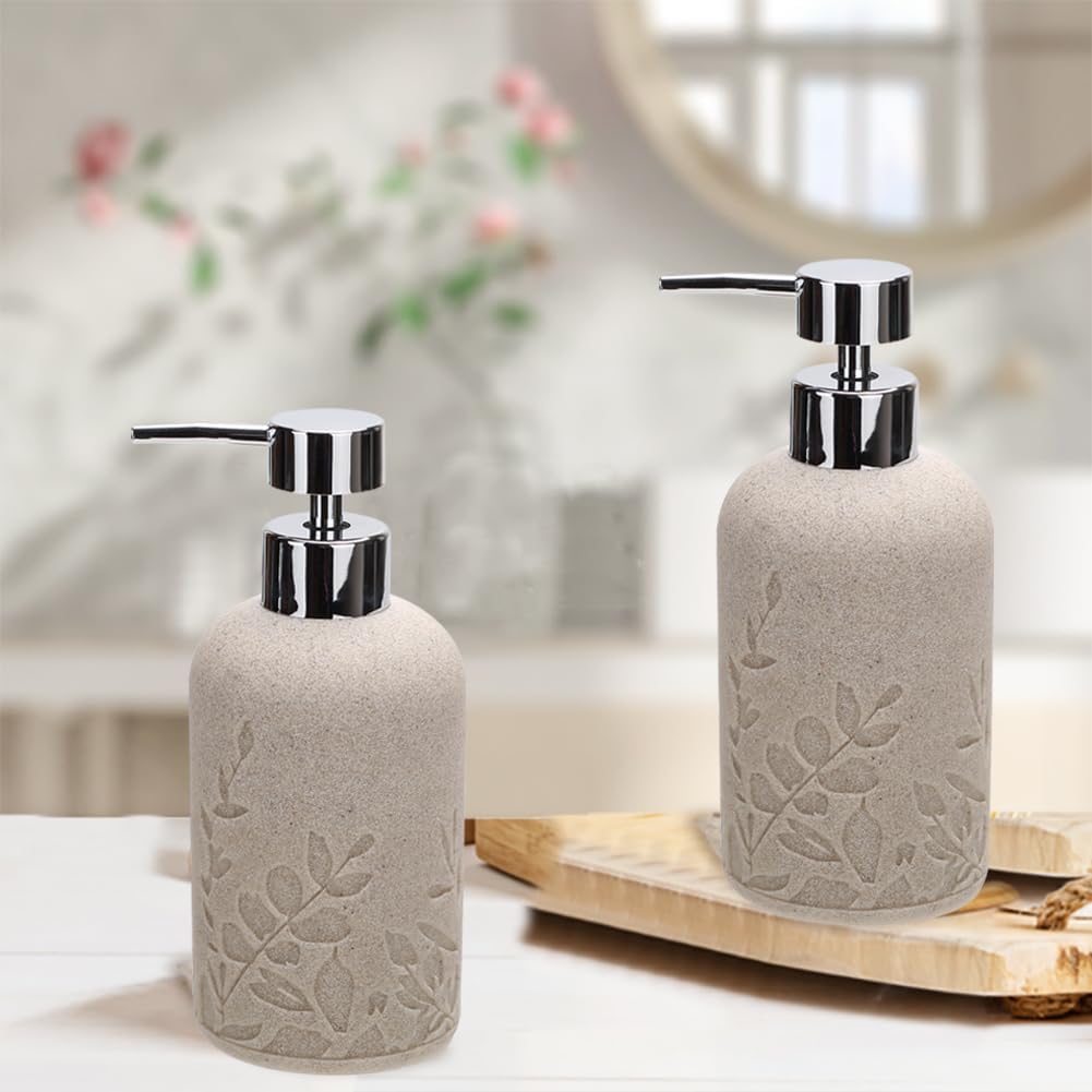 Dluxe Ave. Textured Resin Liquid Soap Dispenser for Bathroom Countertop, Heavy & Sturdy, 2pcs (Sandstone /Matte Beige)