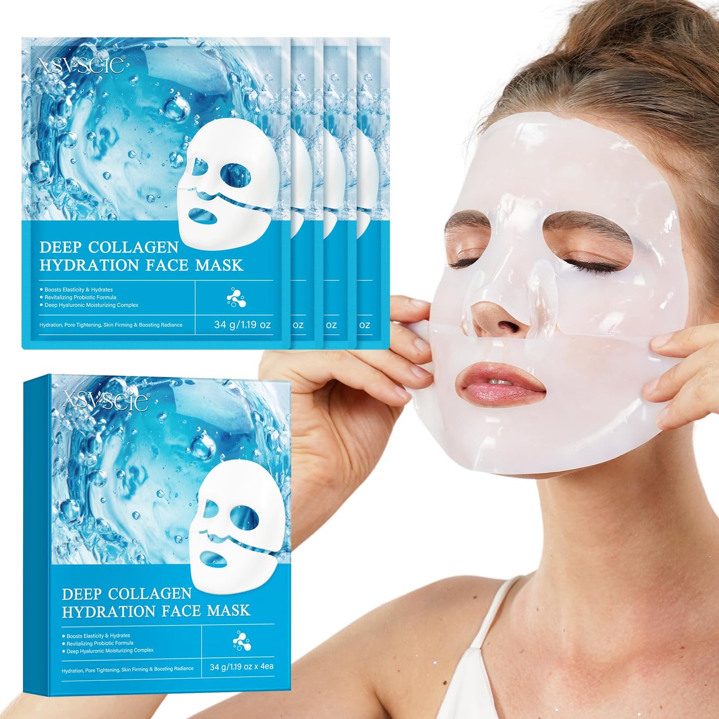 Dluxe Ave. CLFJLXYX Collagen Face Mask for Deep Hydration，Moisture Locking，Hydrogel Mask，Collagen Night Wrapping Mask，Brightens Skin Tone，Promotes Elasticity and Firmness，Korean Skin Care-4 Pack