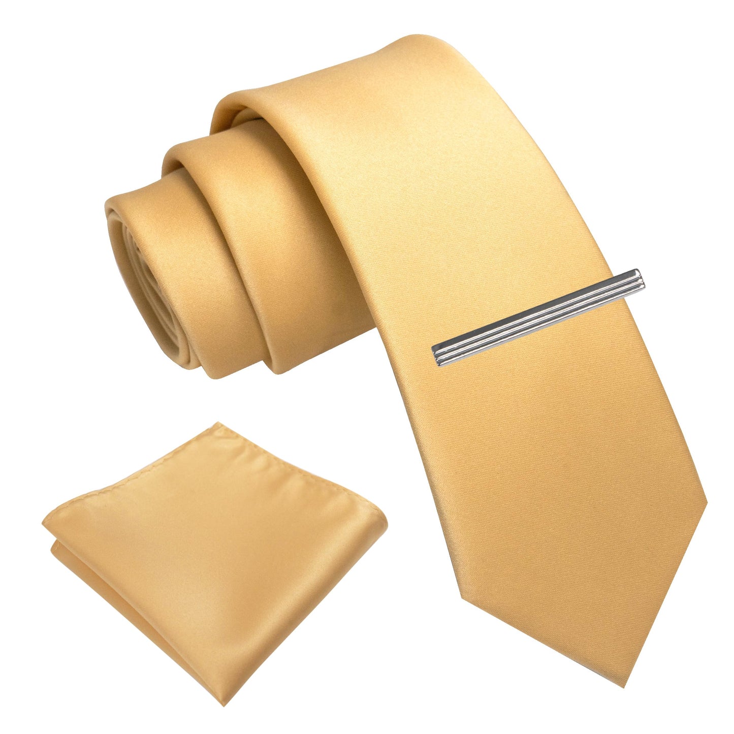 Dluxe Ave. Champagne Skinny Tie and Pocket Square with Tie Clip Set
