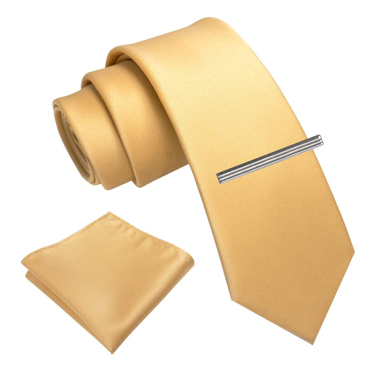 Dluxe Ave. Champagne Skinny Tie and Pocket Square with Tie Clip Set
