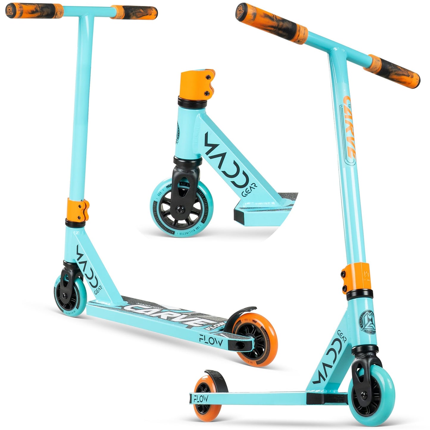 Dluxe Ave. Madd Gear Carve Flow-X Pro Scooter Complete - Stunt Scooter for Kids 4 Years and Up Lightweight Reinforced Deck for Beginners (Teal/Orange)