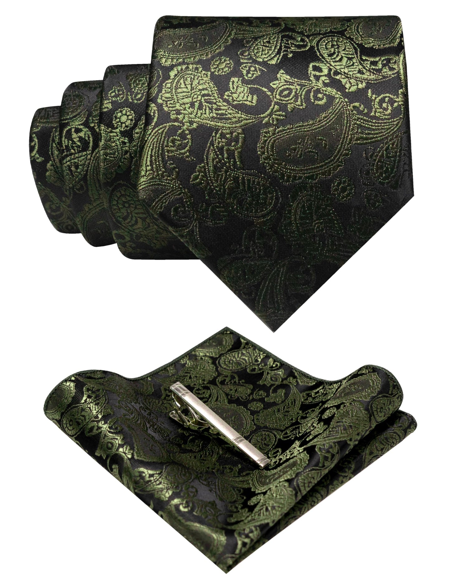 Dluxe Ave. Mens Olive Green Paisley Necktie and Pocket Square with Tie Clip Sets
