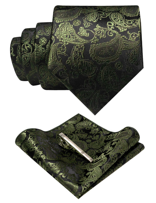 Dluxe Ave. Mens Olive Green Paisley Necktie & Pocket Square with Tie Clip Sets