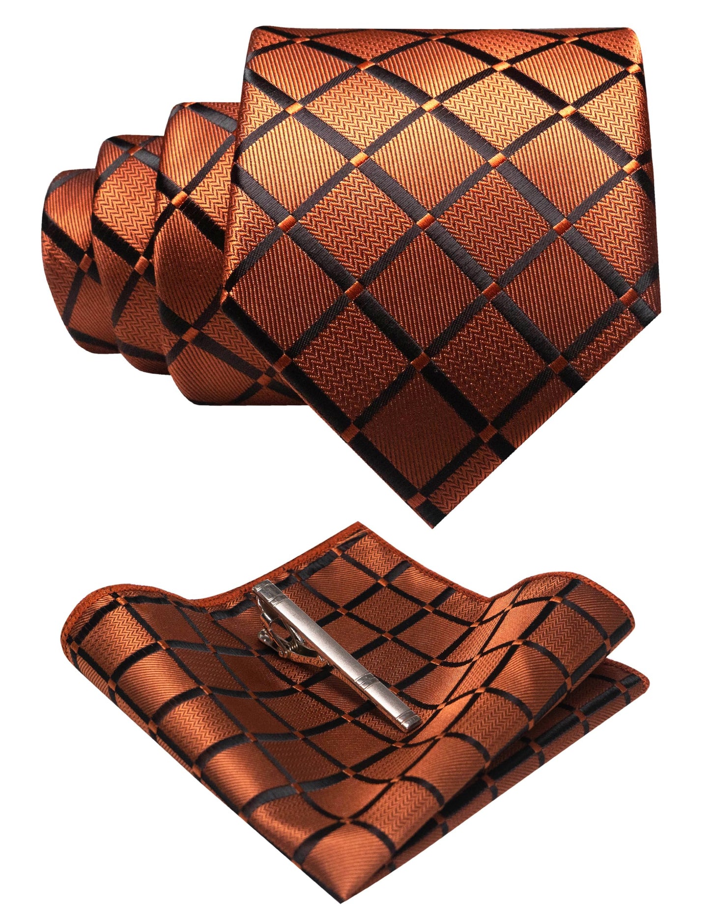 Dluxe Ave. Rust Mens Plaid Tie and Pocket Square with Tie Clip Sets