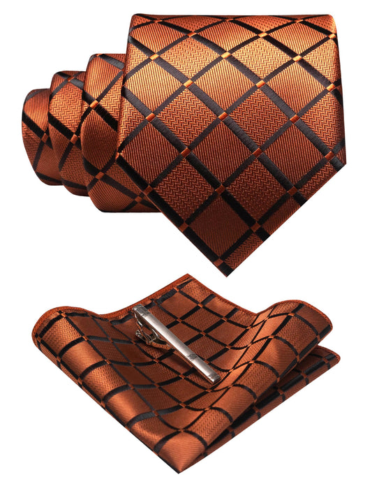 Dluxe Ave. Rust Mens Plaid Tie and Pocket Square with Tie Clip Sets