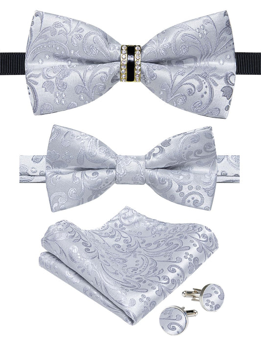 Dluxe Ave. 2PCS Father and Son Bow Tie Silk Mens and Boys Pre-tied Bowtie & Pocket Square Cufflinks Set Kids Adjustable Bow Tie Silver