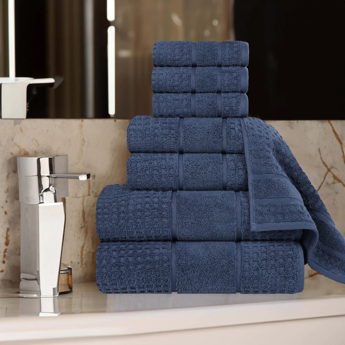 Dluxe Ave. Superior Cotton Towel Set/ Twist Waffle Border/ Spa Luxury Plush/ Soft Absorbent Towels  8-Piece (Denim Blue)