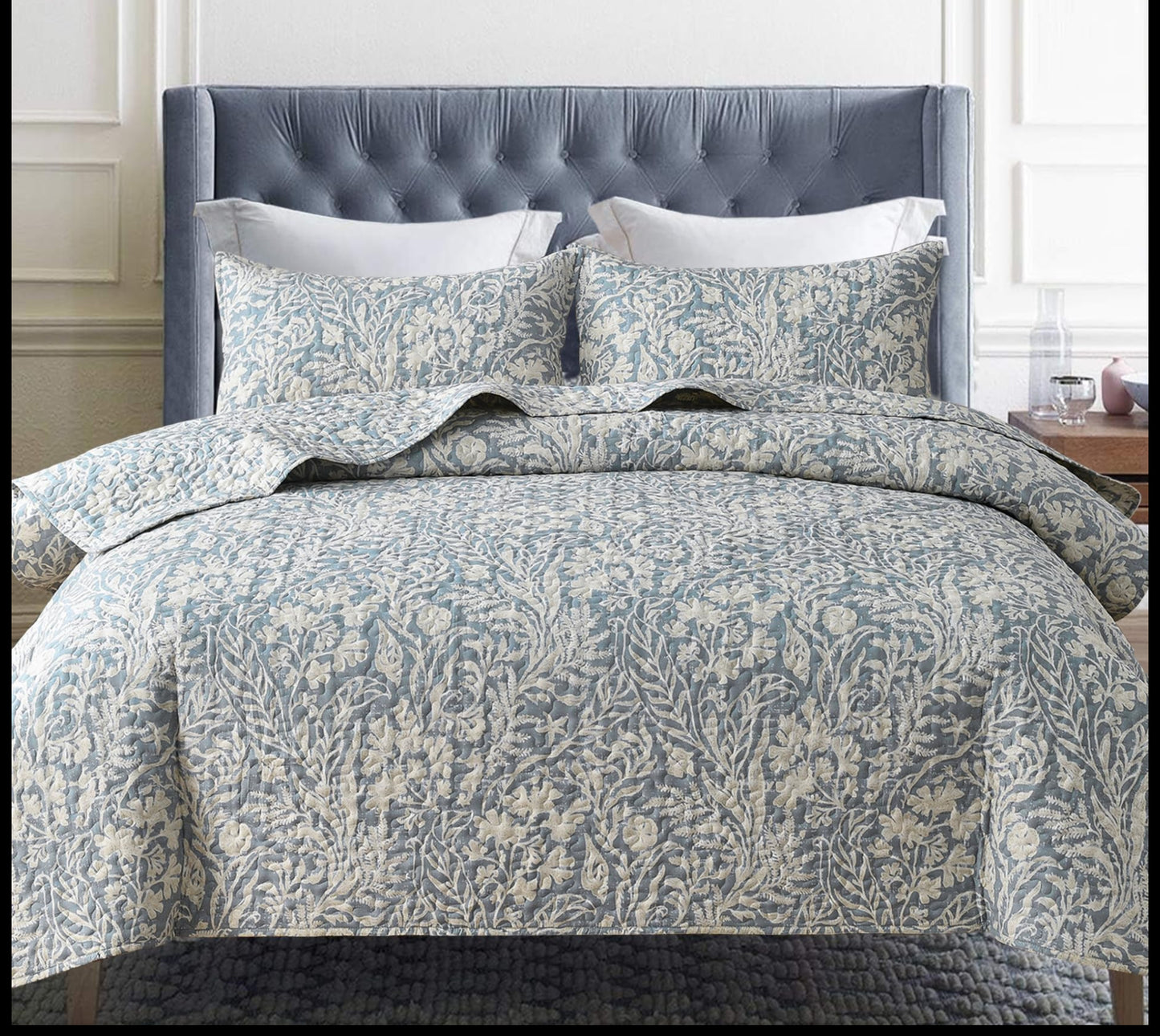 Dluxe Ave. (CALIFORNIA KING) Bluish Grey Botanical Quilt Set 3Pcs for All Season (112x104)