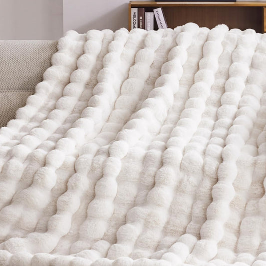 Dluxe Ave. ( THROW )Faux Fur Throw Blanket, Fluffy Soft, Cozy Plush Warm and Thick Rabbit Blanket/ (Cream White) 50x60