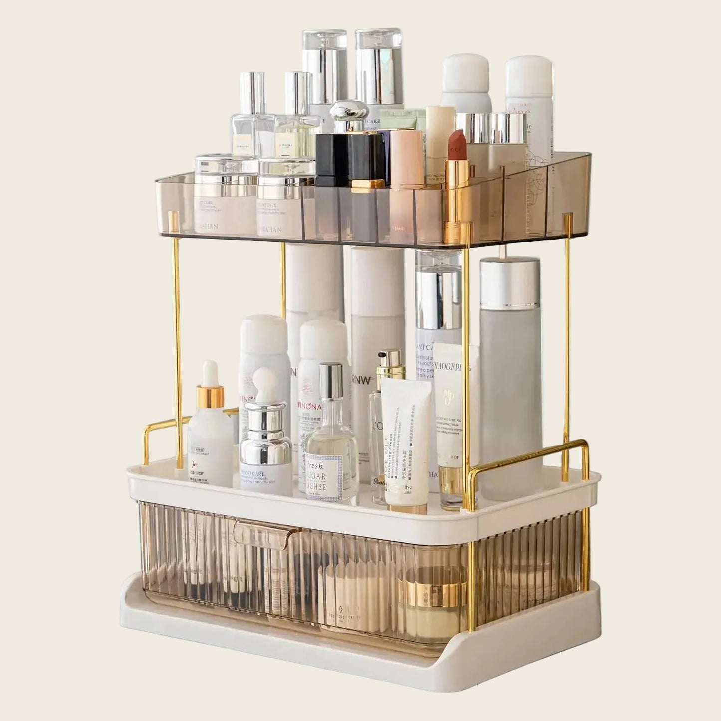 Dluxe Ave. YCIA&DONE 2 Tiers Bathroom Counter Organizer with DrawerLarge Capacity Vanity OrganizerMulti Makeup Organizer CountertopPerfume OrganizerSkincare Organizers (Amber Gold)