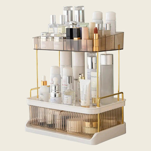 Dluxe Ave.  2 Tiers Bathroom Counter Organizer with Drawer/Large Capacity / Amber Gold