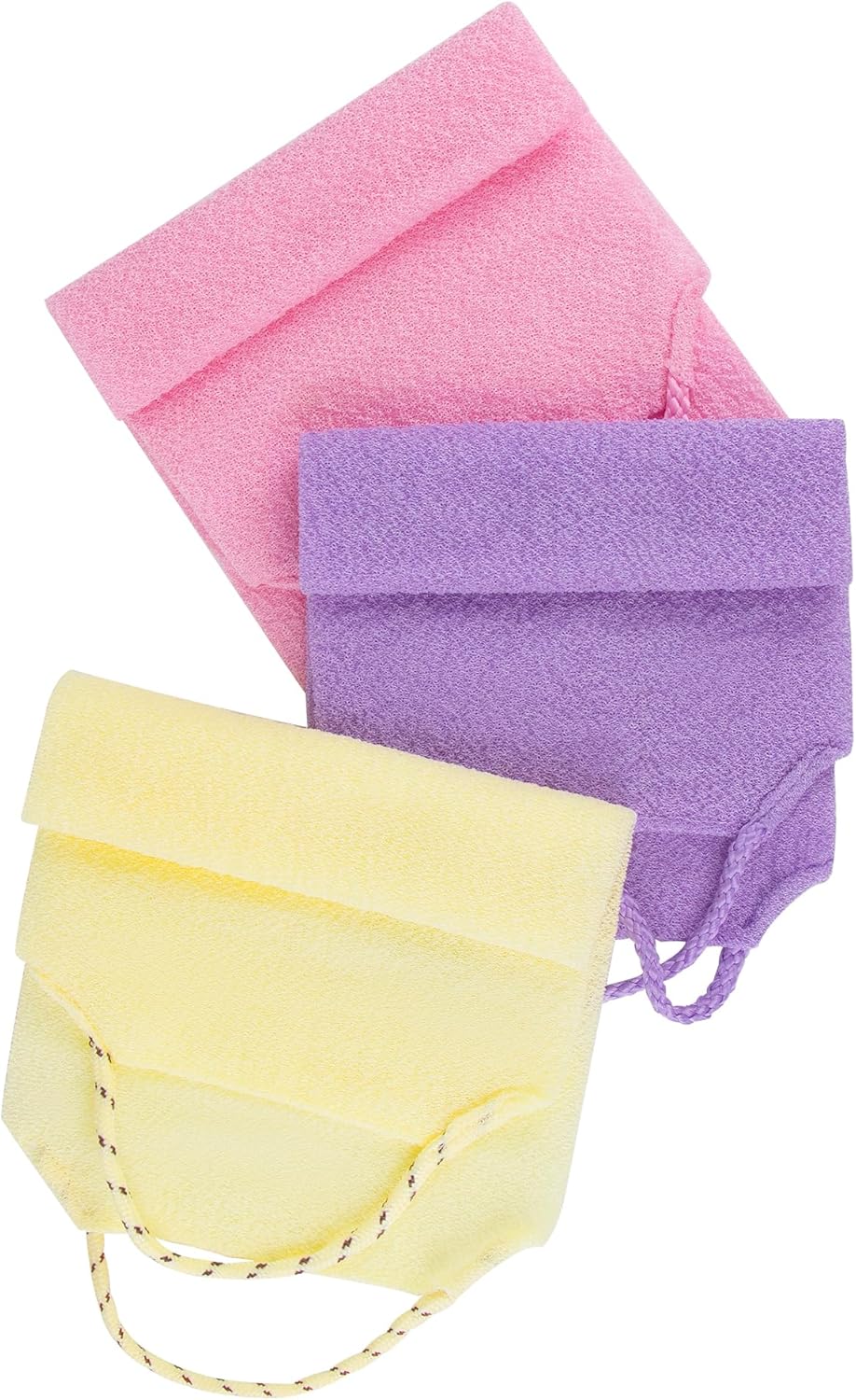 Dluxe Ave. Double-Sided Back Exfoliator Body Scrub Towel, with Handles/ 3 Pcs (BeigePinkPurple)