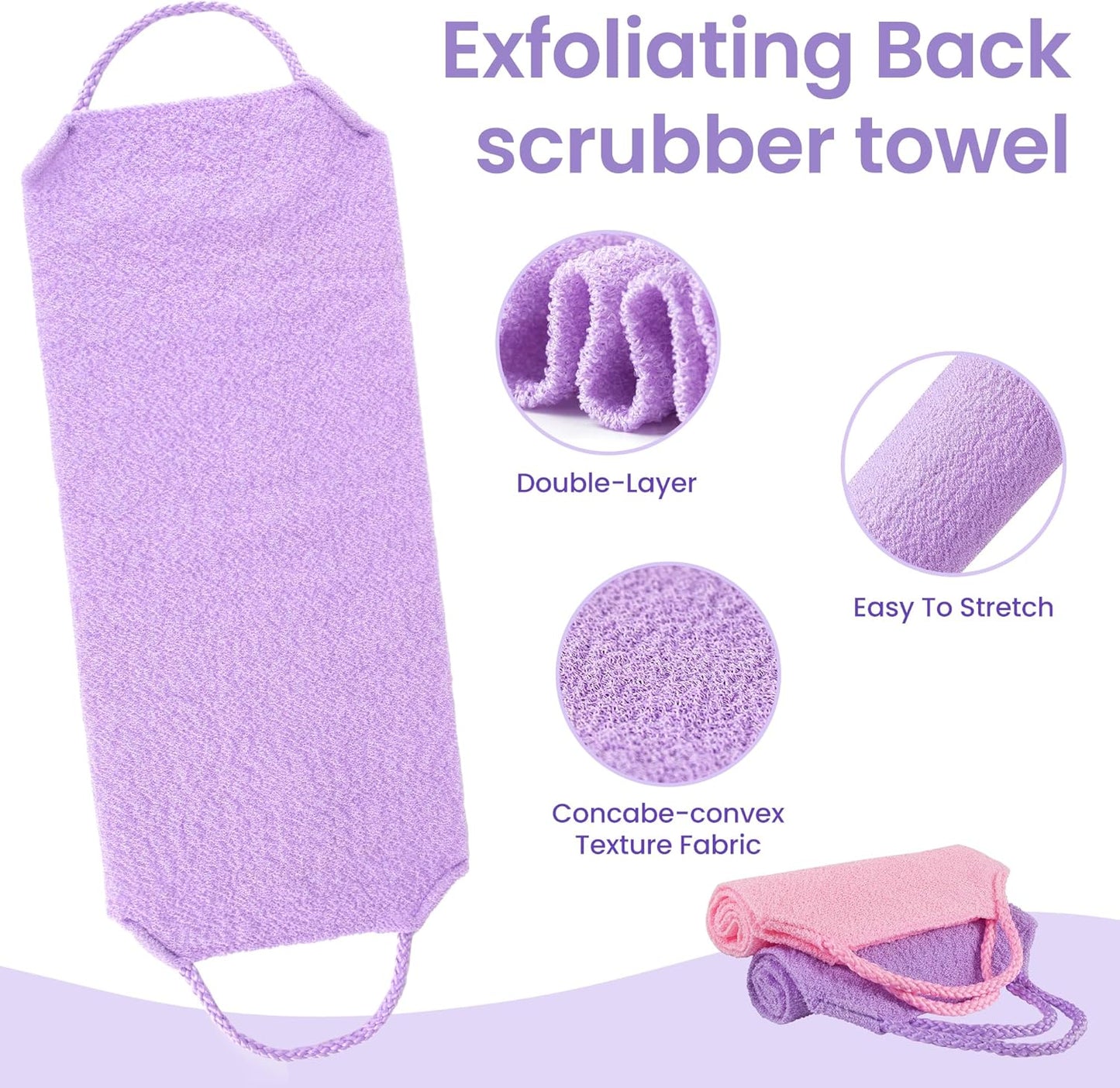 Dluxe Ave. Double-Sided Back Exfoliator Body Scrub Towel, with Handles/ 3 Pcs (BeigePinkPurple)