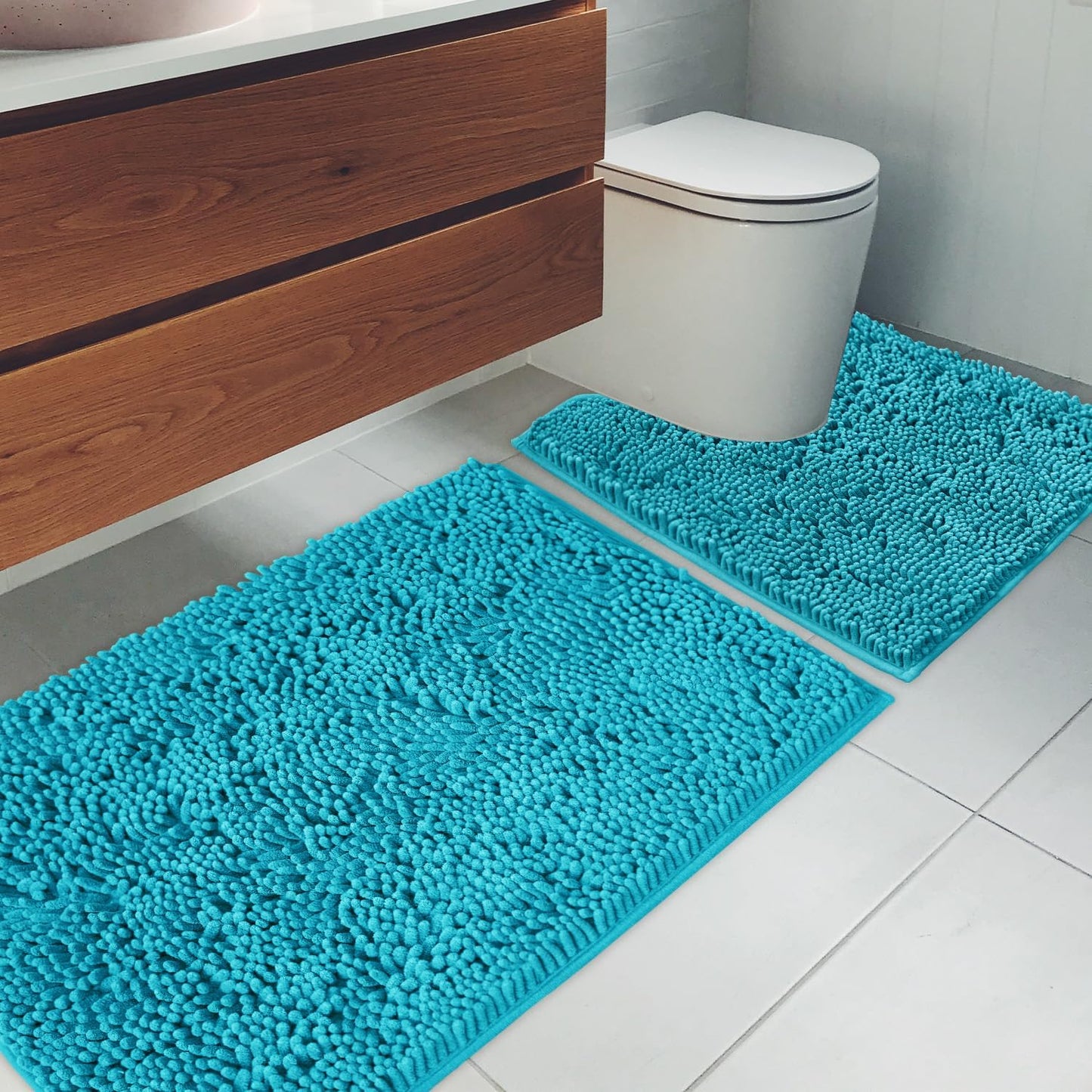 Dluxe Ave. 3 Pieces Bathroom Rugs Anti-Slip Chenille Bath Rug Super Absorbent Luxury Shaggy Bath Mats Set Perfect Plush Carpet for Tub Shower Bath RoomMachine Washable (Turquoise)