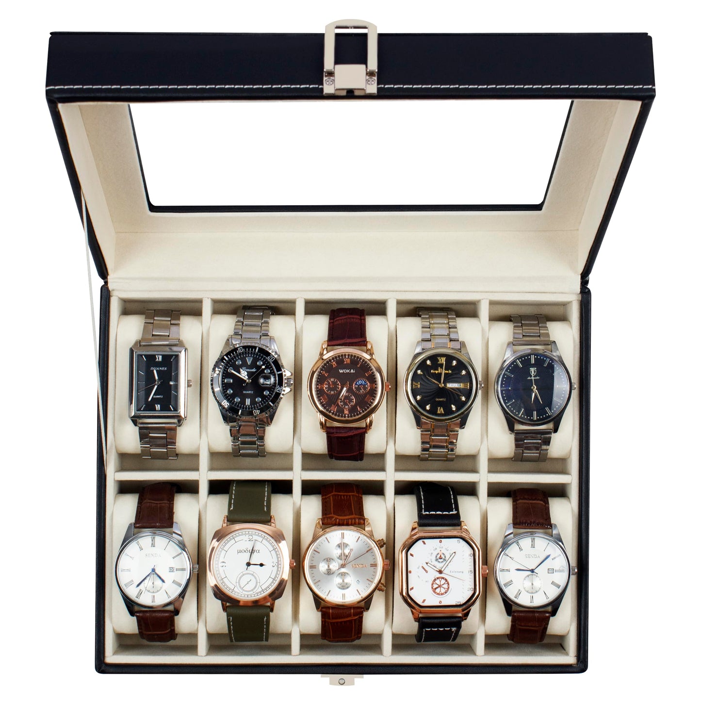 Dluxe Ave. 10 Slot Real Glass Lid Watch Display Case with PU Leather/ Black