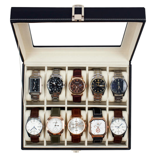 Dluxe Ave. 10 Slot Real Glass Lid Watch Display Case with PU Leather/ Black