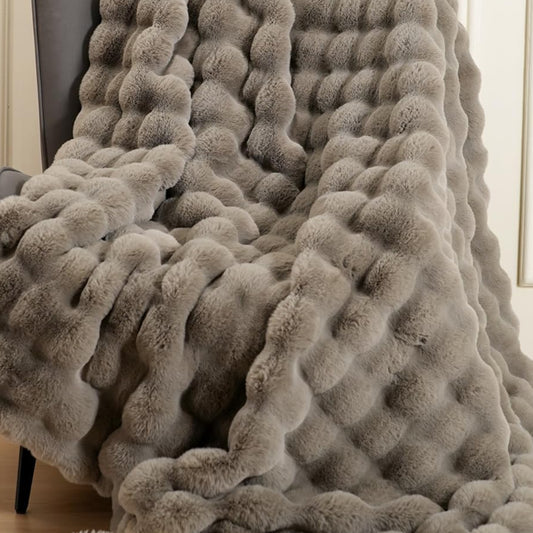 Dluxe Ave. ( TWIN ) Oversized Warm Thick Bubble Double Sided Plush Rabbit Faux Fur Throw Blanket, Fluffy Soft Cozy(Grey) 60 x 80