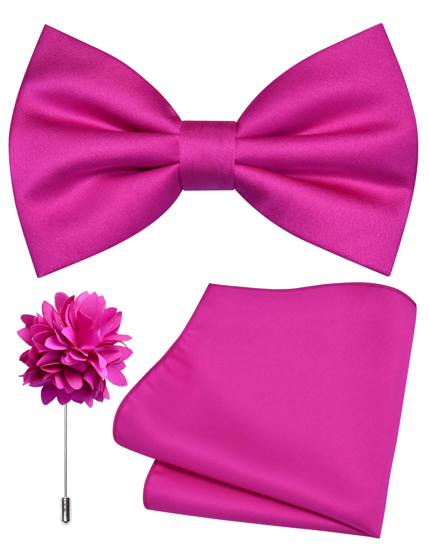 Dluxe Ave.  Mens Hot Pink Bow Tie/ Satin Silk / Pocket Square and Lapel Pin Brooch Set