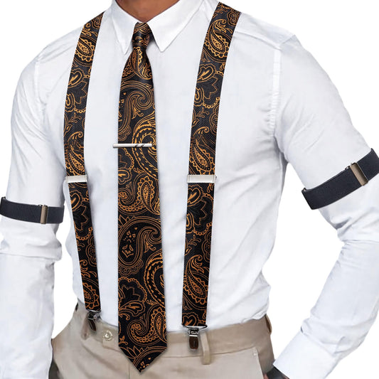 Dluxe Ave. Black Gold Suspenders for Men Paisley X Type Necktie Armbands Tie Clip Set