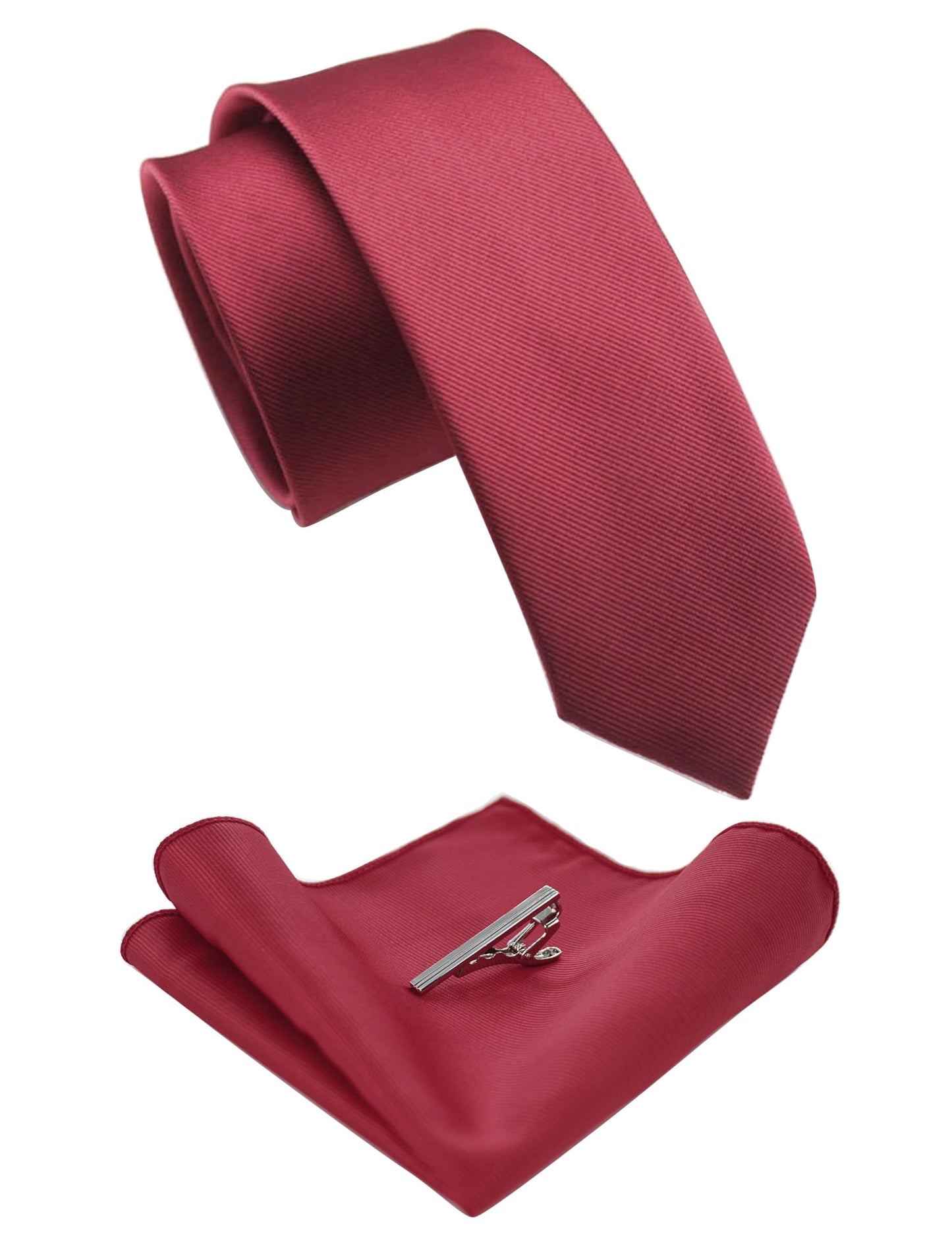 Dluxe Ave. 2.4" Crimson Skinny Tie and Pocket Square with Tie Clip Sets