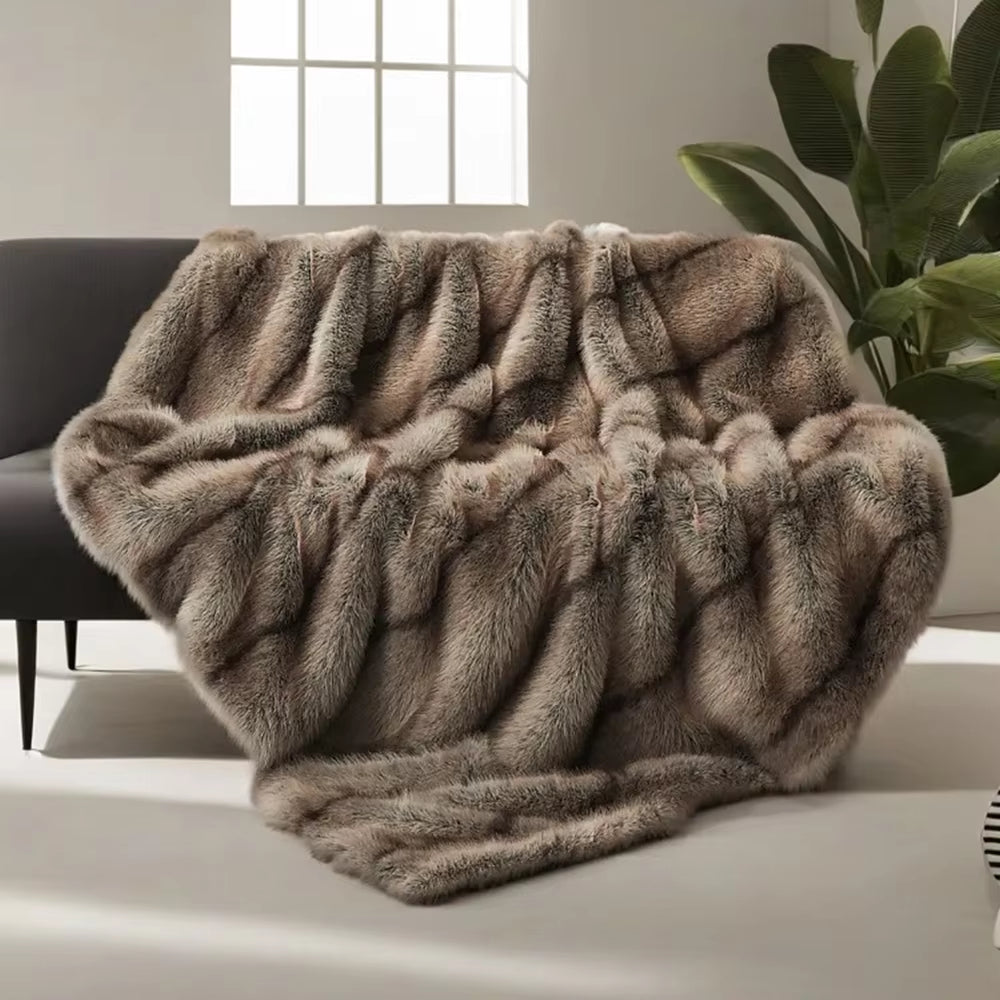 Dluxe Ave. High-End Faux Fur Blanket, Elegant Plaid Design for Beds and Sofas