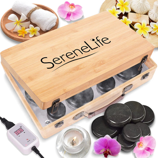 Dluxe Ave. Electric Spa Portable Heated Massage Stones and Warmer Set/ 12 Large/Small Black Stone Set w/Bamboo/ Heating Case
