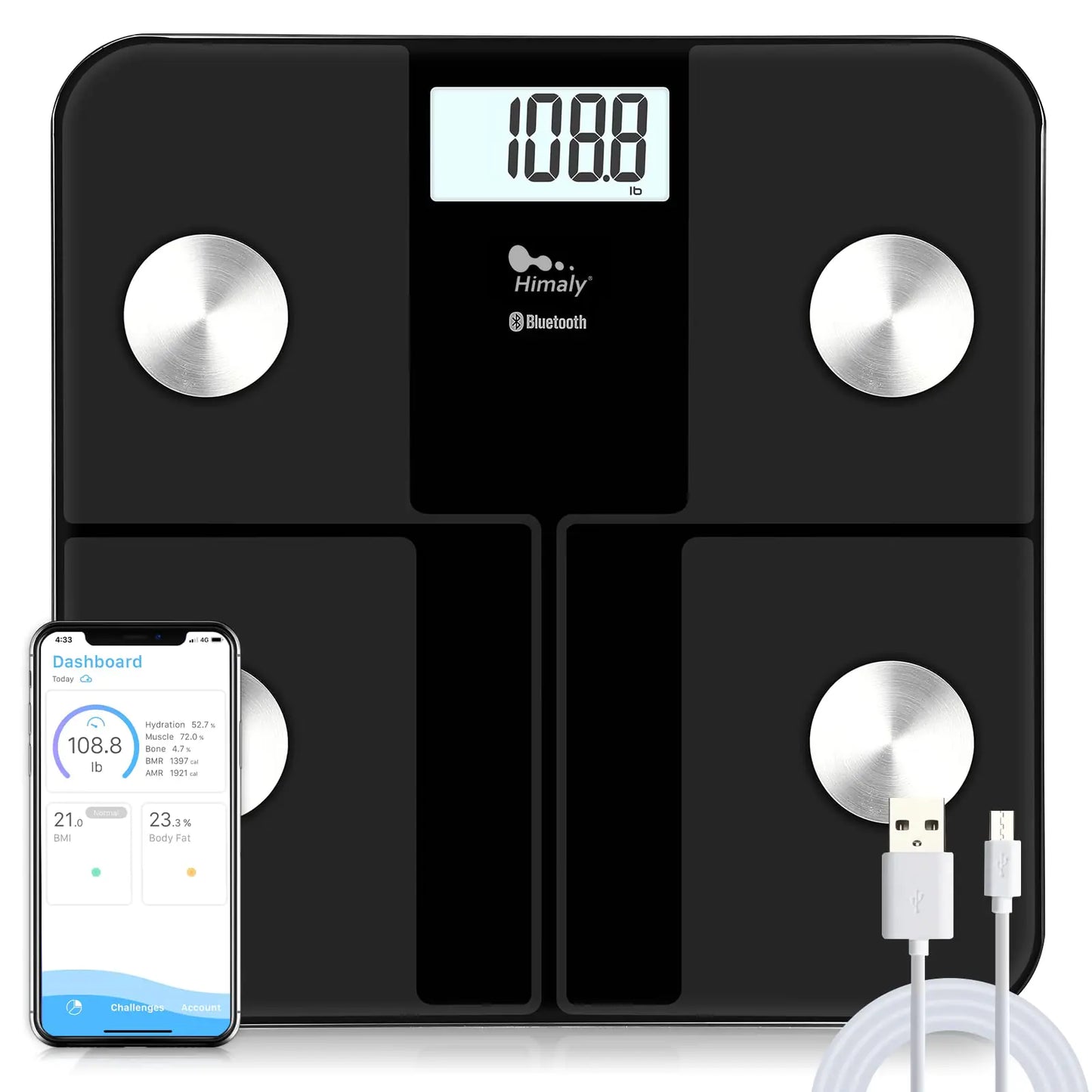 Dluxe Ave. himaly Smart Rechargeable Body Fat Scale Digital Bathroom Scale Bluetooth for Accurate BMI Body Fat Scale Muscle Mass Composition Monitor with App 400 lbs