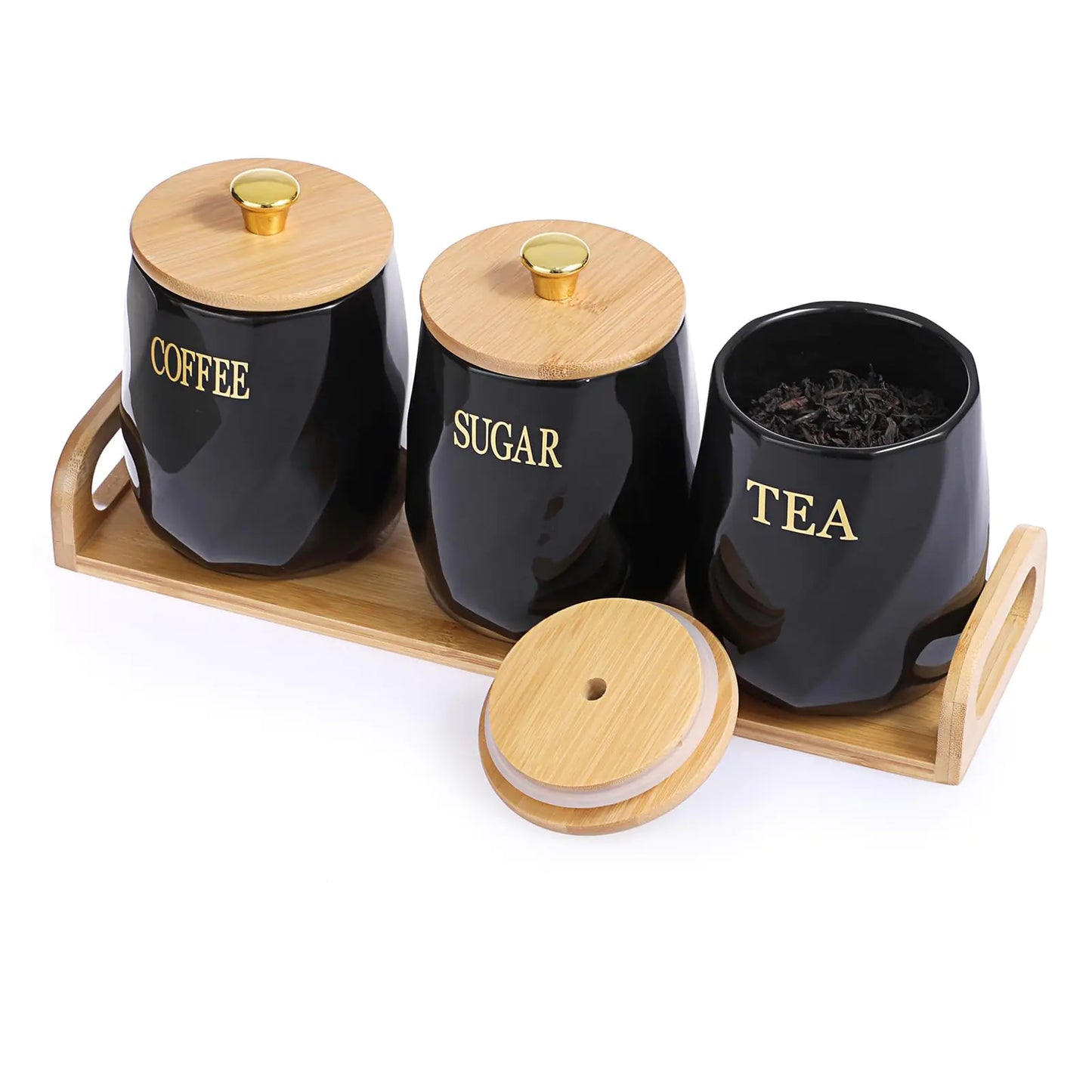 Dluxe Ave. OGANAZI 3 Pack Ceramic Canister Set with Bamboo Lids and Handle Tray Coffee Tea Sugar Container Set Black Ceramic Storage Jar Kitchen Canister for Countertop