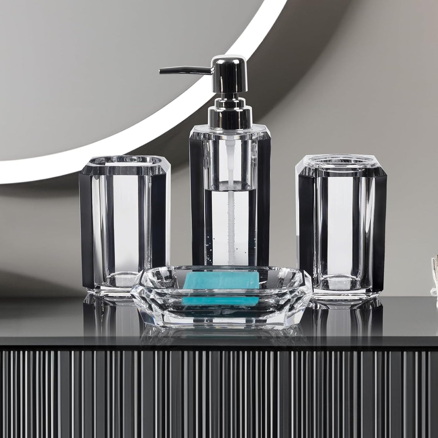 Dluxe Ave. 4-Piece Premium Acrylic Bathroom Accessory Set-Hand Sanitizer Bottle Lotion Can Bathroom Suit (Brushed Black)