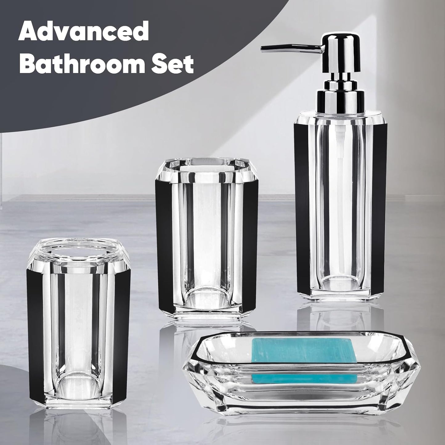Dluxe Ave. 4-Piece Premium Acrylic Bathroom Accessory Set-Hand Sanitizer Bottle Lotion Can Bathroom Suit (Brushed Black)