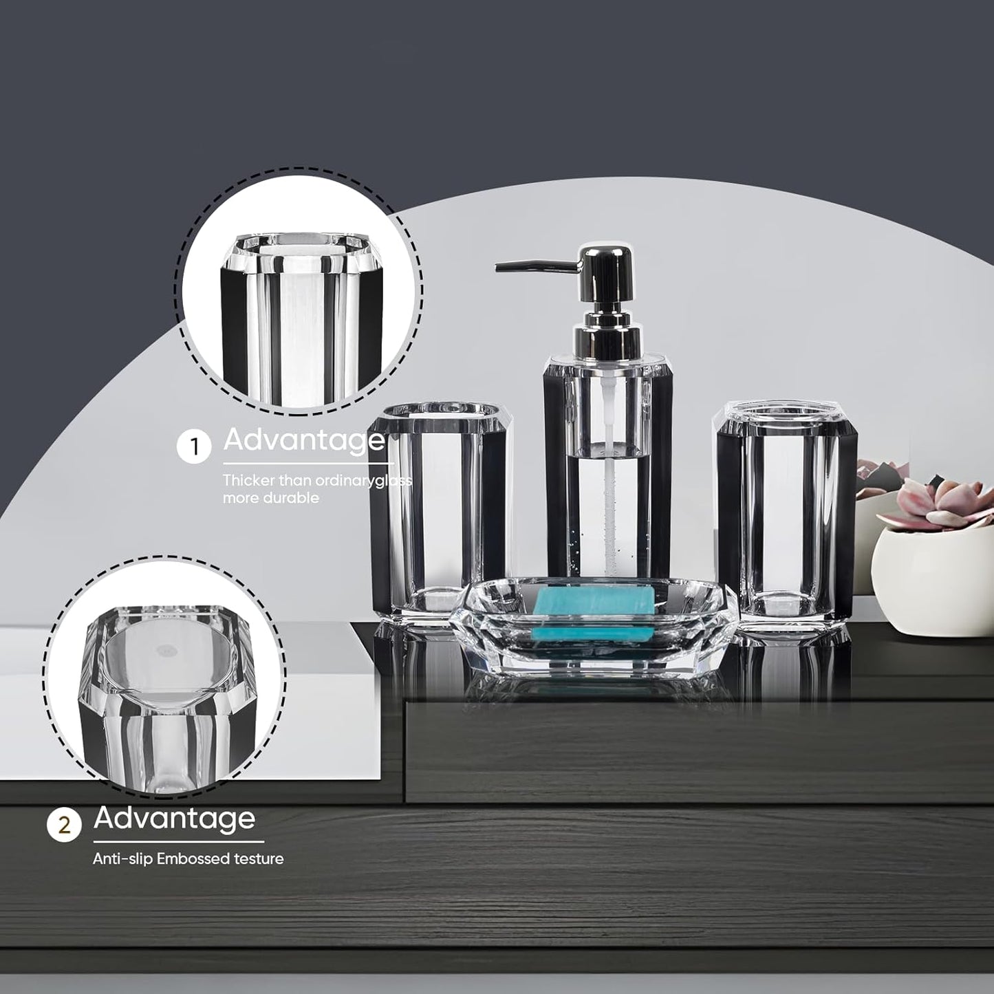 Dluxe Ave. 4-Piece Premium Acrylic Bathroom Accessory Set-Hand Sanitizer Bottle Lotion Can Bathroom Suit (Brushed Black)