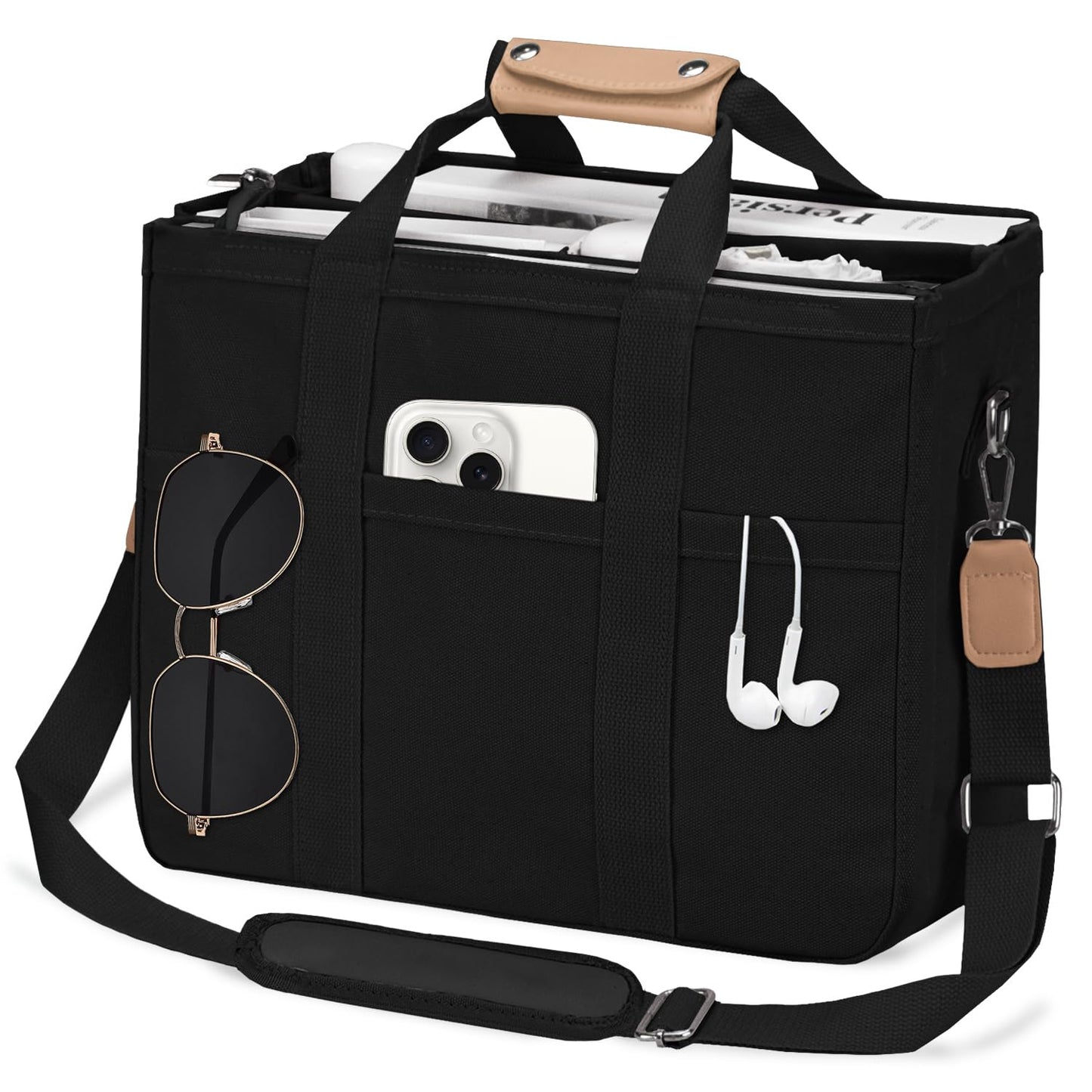 Dluxe Ave. Large Tote Bag with Zipper and Compartments/ Crossbody Shoulder Bag/ (Black)