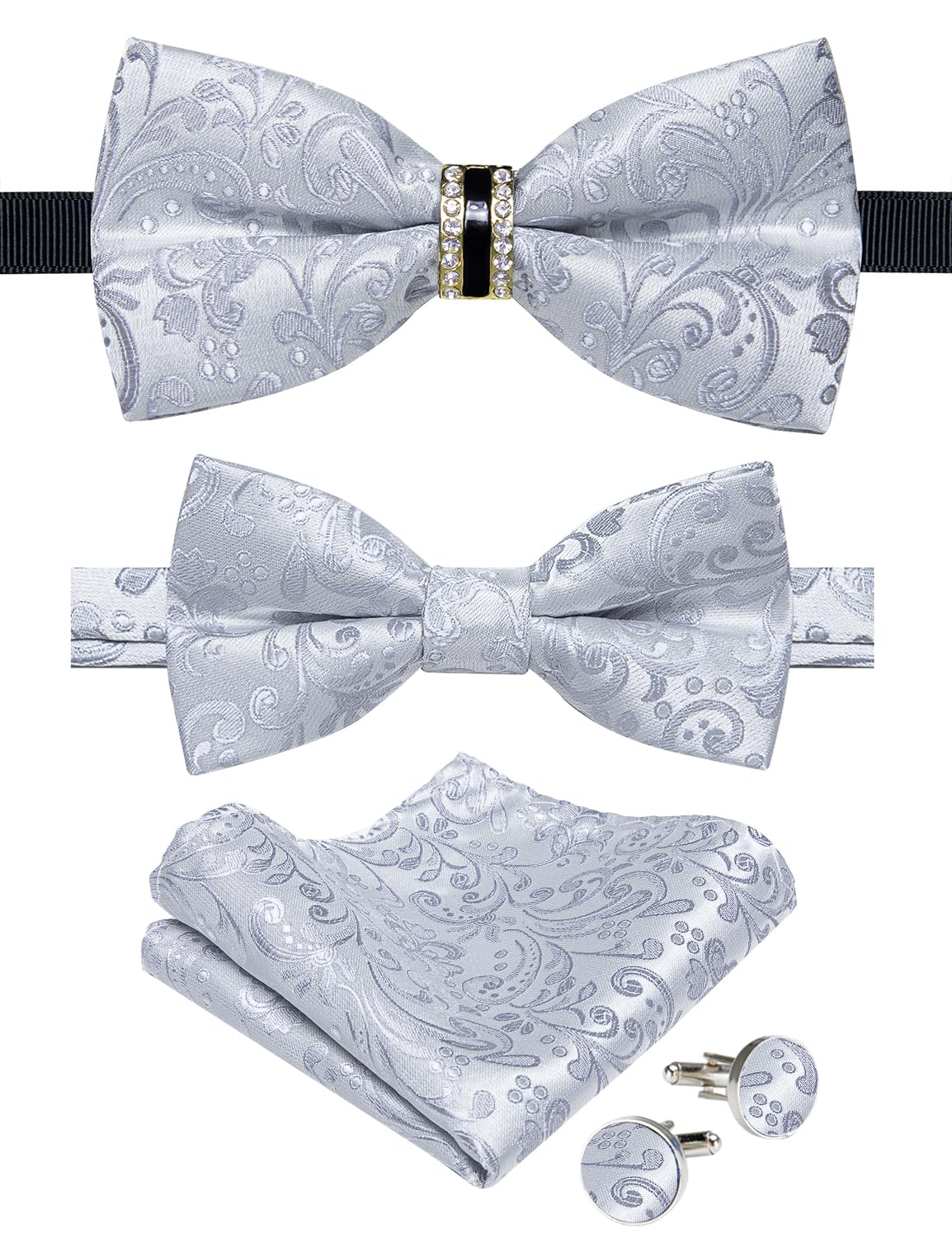 Dluxe Ave. 2PCS Father and Son Bow Tie Silk Mens and Boys Pre-tied Bowtie & Pocket Square Cufflinks Set Kids Adjustable Bow Tie Silver