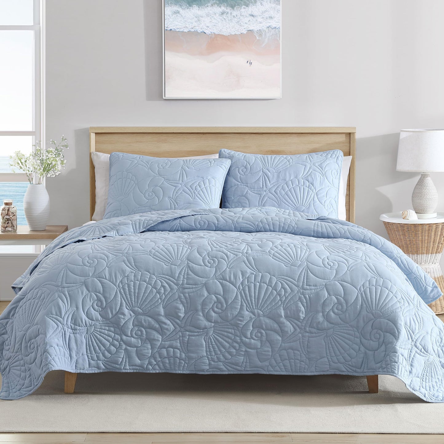 Out of Stock Dluxe Ave. ( TWIN ) 2 Pcs Outlined Shell Quilt Set, Coastal Beach Design, Blue
