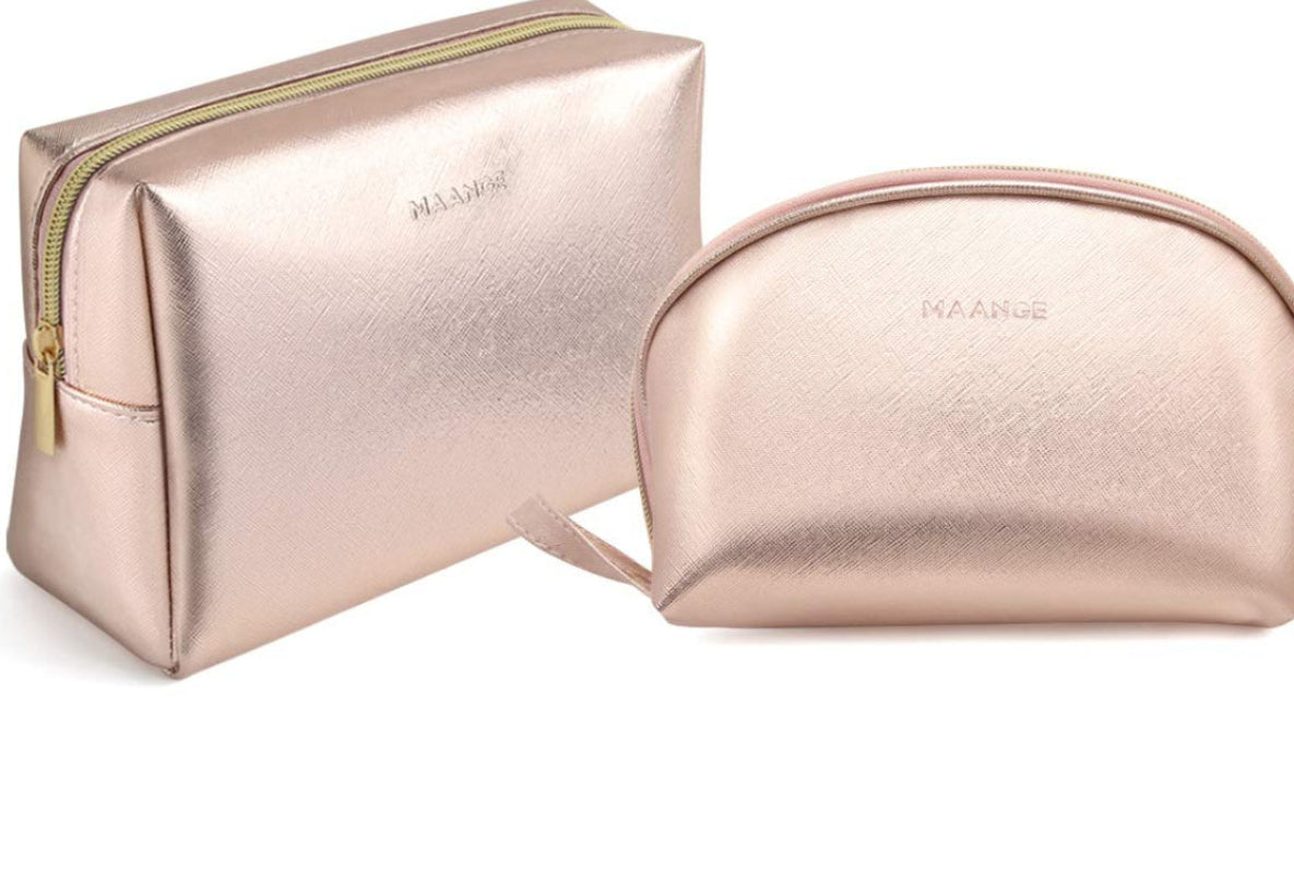 Dluxe Ave. 3 Pcs Large Travel Cosmetic Bag Organizer with Gold Zipper/ Waterproof Toiletry / Rose Gold
