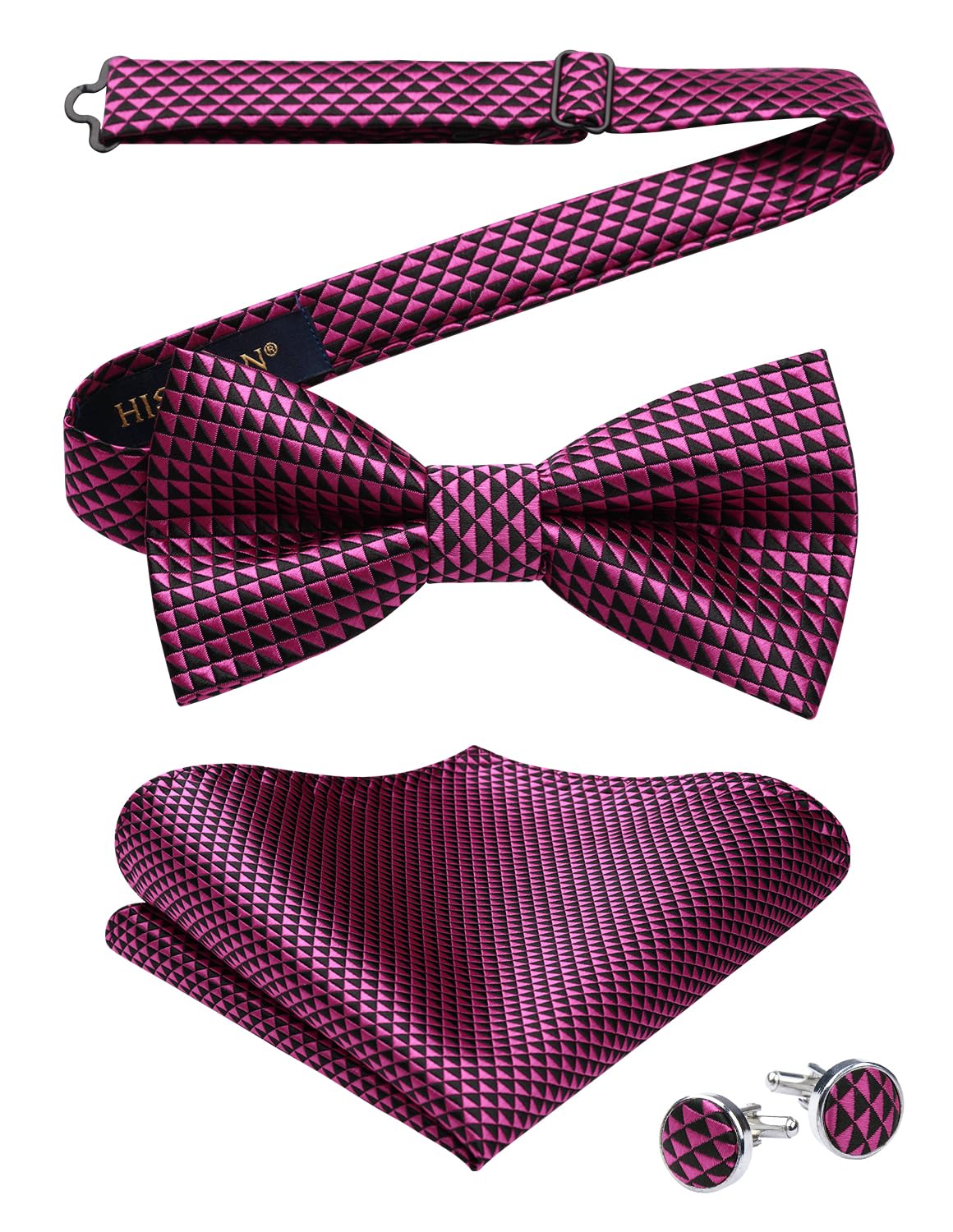 Dluxe Ave. Hot Pink Bow Ties for Men Plaid Mens Bow Tie Silk Tuxedo Bowtie and Pocket Square Cufflinks Set Adjustable Black and Pink