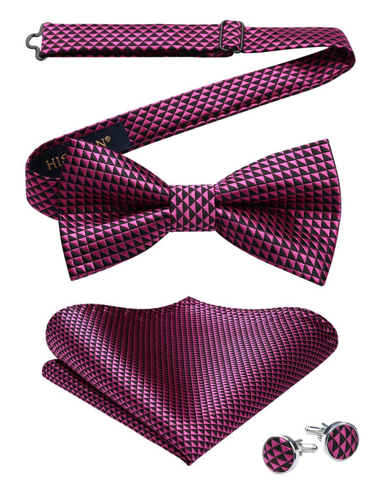 Dluxe Ave. Hot Pink Bow Ties for Men Plaid Mens Bow Tie Silk Tuxedo Bowtie and Pocket Square Cufflinks Set Adjustable Black and Pink