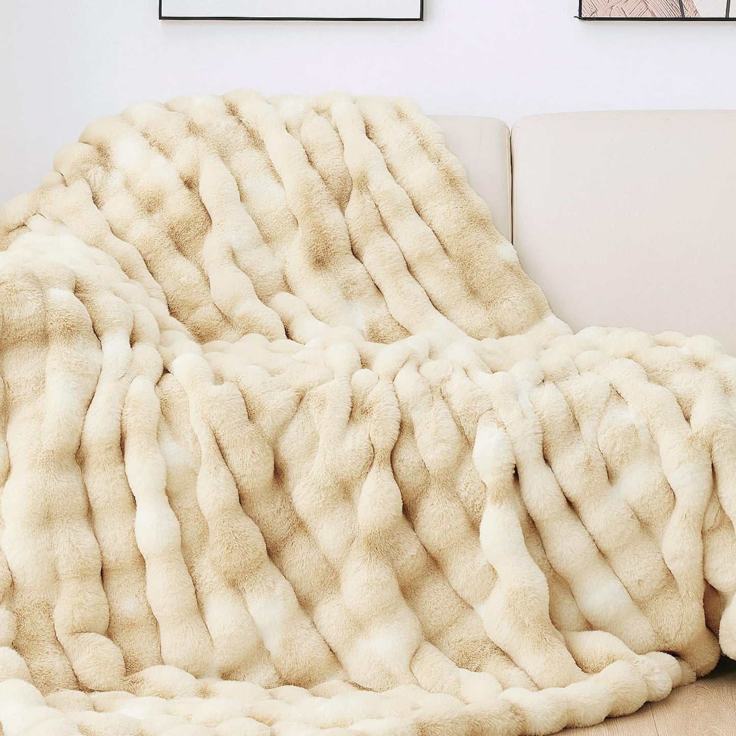 Dluxe Ave. ( THROW ) Camel Faux Fur Rabbit Thick Throw Blanket, (Camel) 50x60 860 GSM