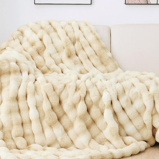 Dluxe Ave. ( THROW ) Camel Faux Fur Rabbit Thick Throw Blanket, (Camel) 50x60 860 GSM