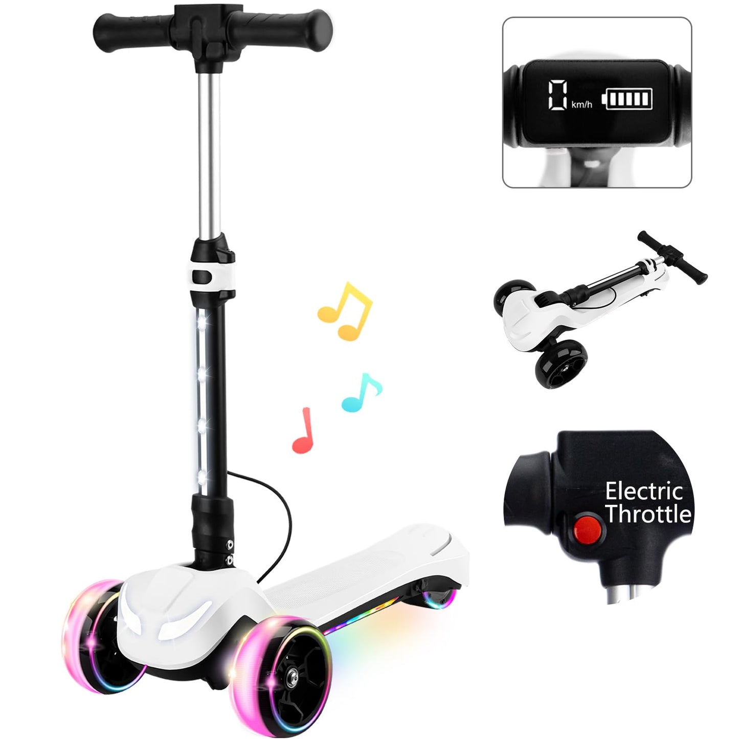 Dluxe Ave. 24V Electric Scooter for Kids w/150W Powerful Motor Thumb Throttle LCD Screen Bluetooth Light-Up Stem Deck & Wheel 3 Adjustable Heights 5MPH Safe Speed White