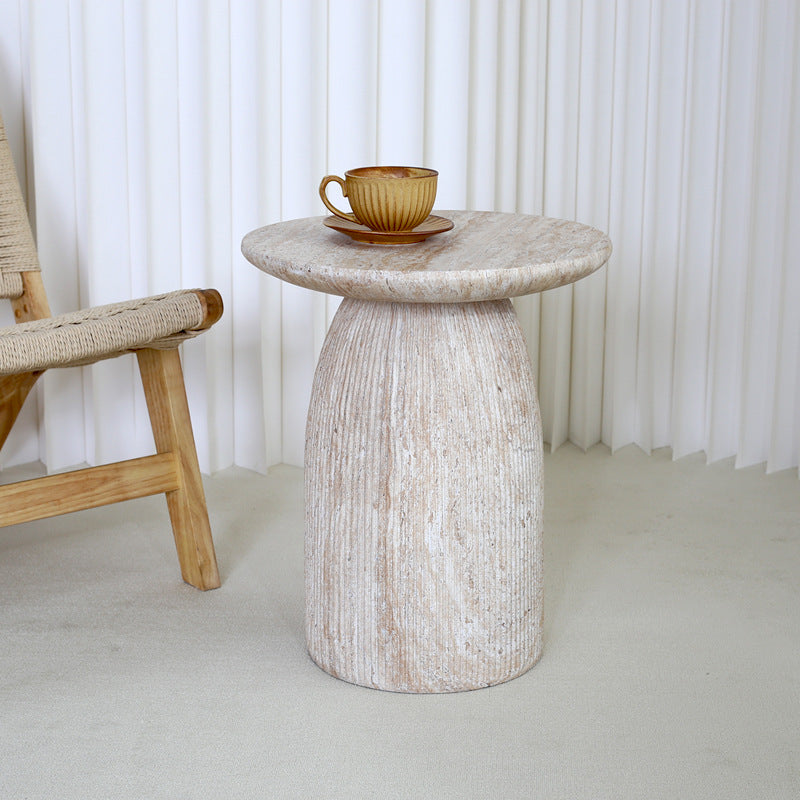 Modern Round Corner Side Table with Imitation Travertine Finish