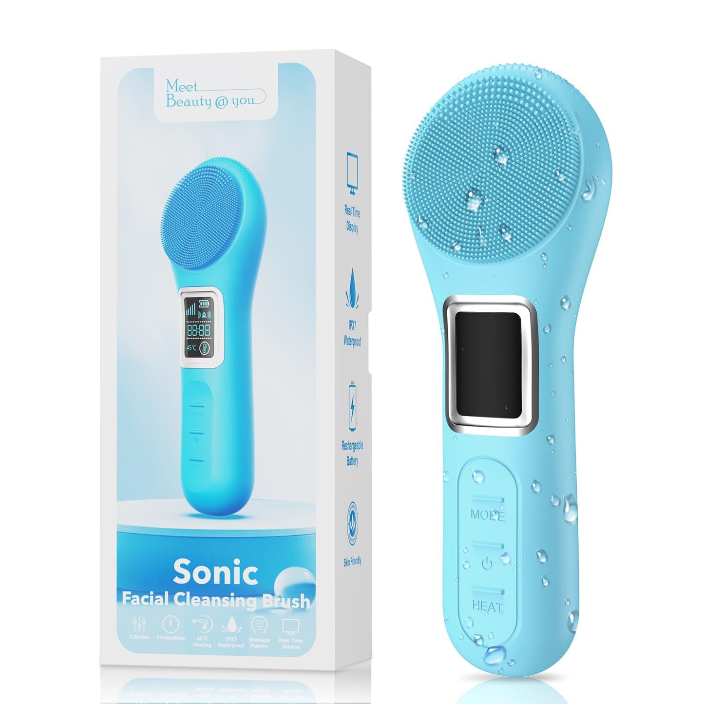 Dluxe Ave.  Waterproof Rechargeable Silicone Face Scrubber/ 5 Cleansing Modes /Sky Blue