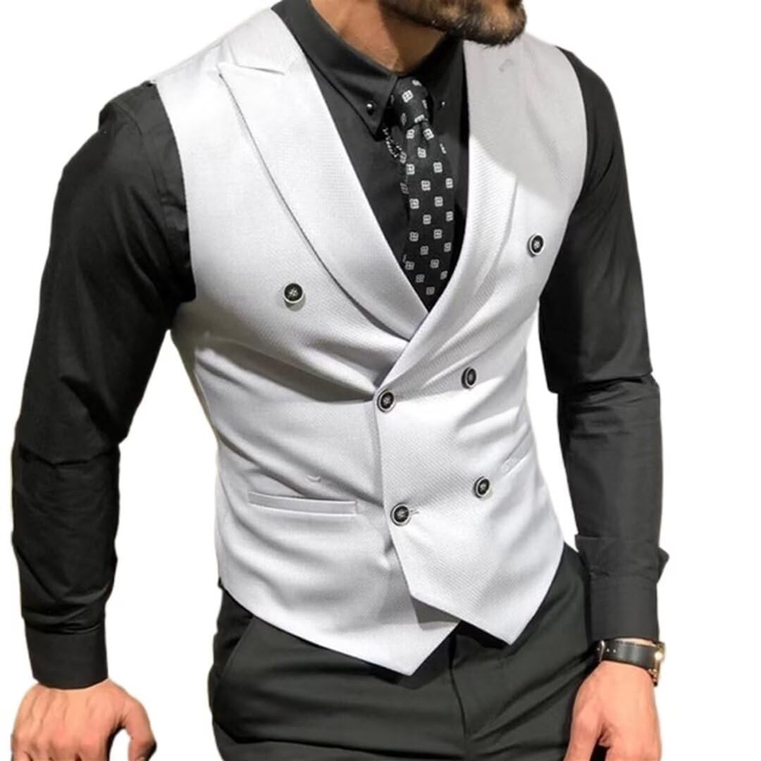 Dluxe Ave. (X-SMALL) Mens Double Breasted Suit Vests/ Slim Fit Waistcoat/ White