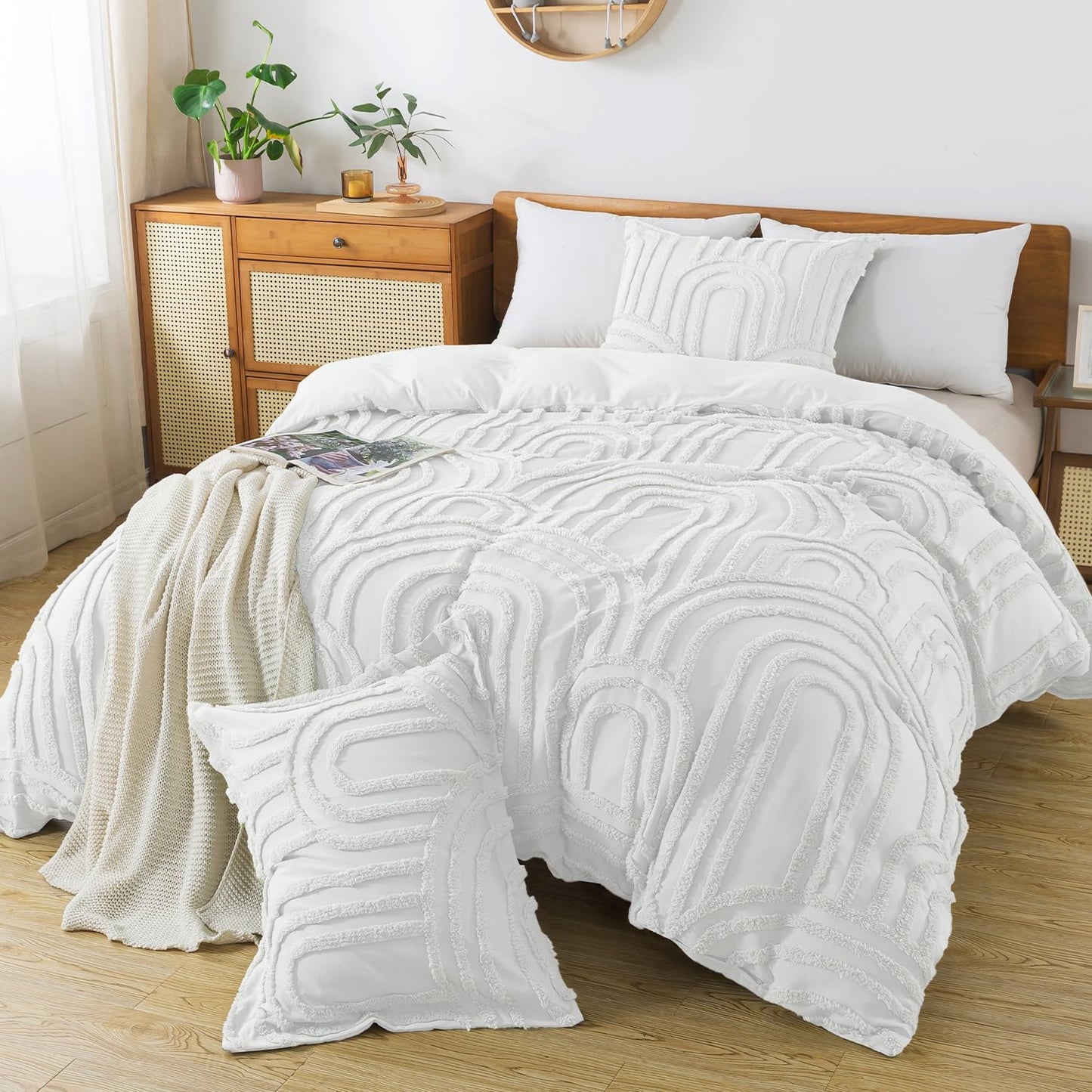 Dluxe Ave. ( TWIN ) 2 Pcs Boho {Duvet Cover} Tufted Bedding Set/ All Seasons Soft Shabby Chic Embroidery/ White