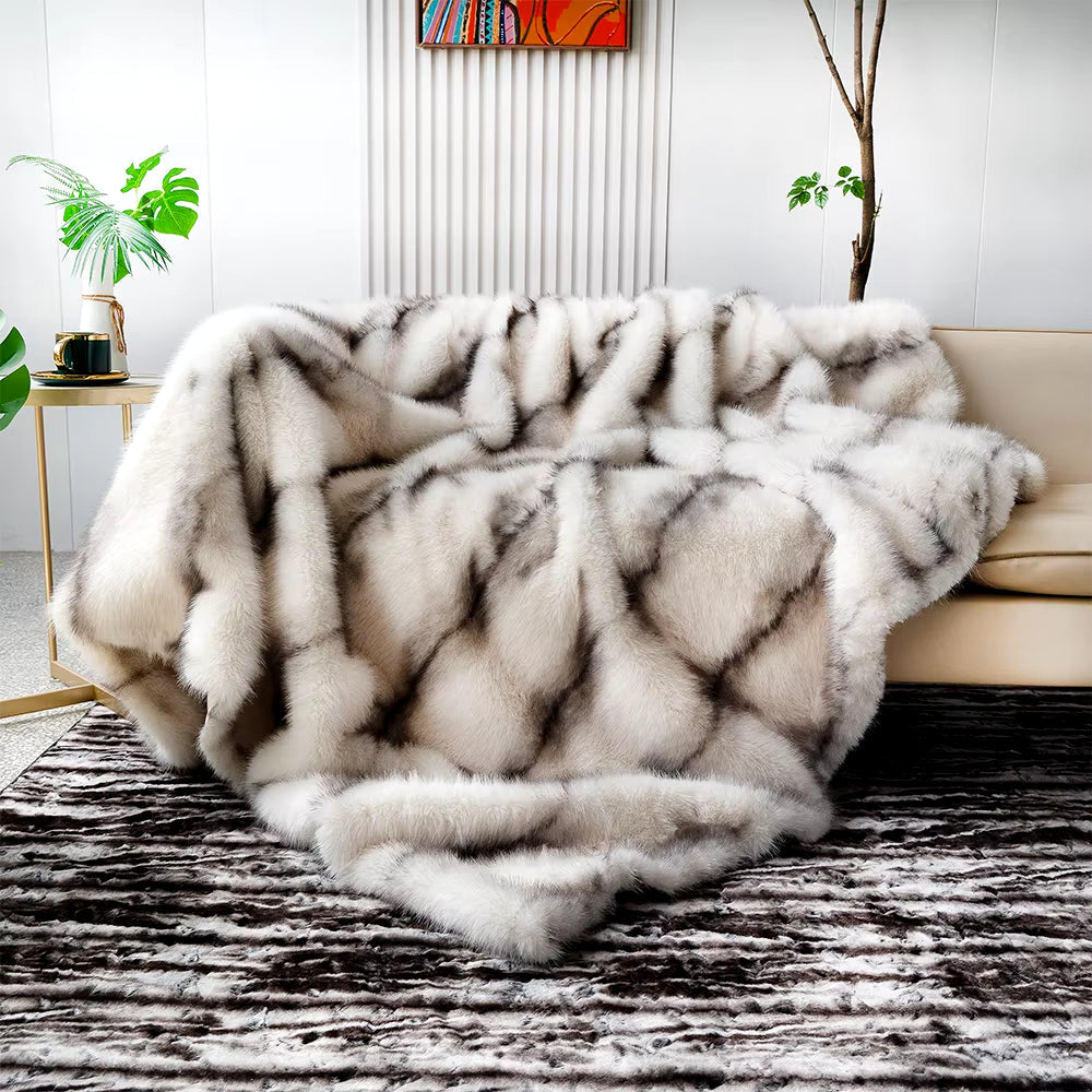 Dluxe Ave. High-End Faux Fur Blanket, Elegant Plaid Design for Beds and Sofas