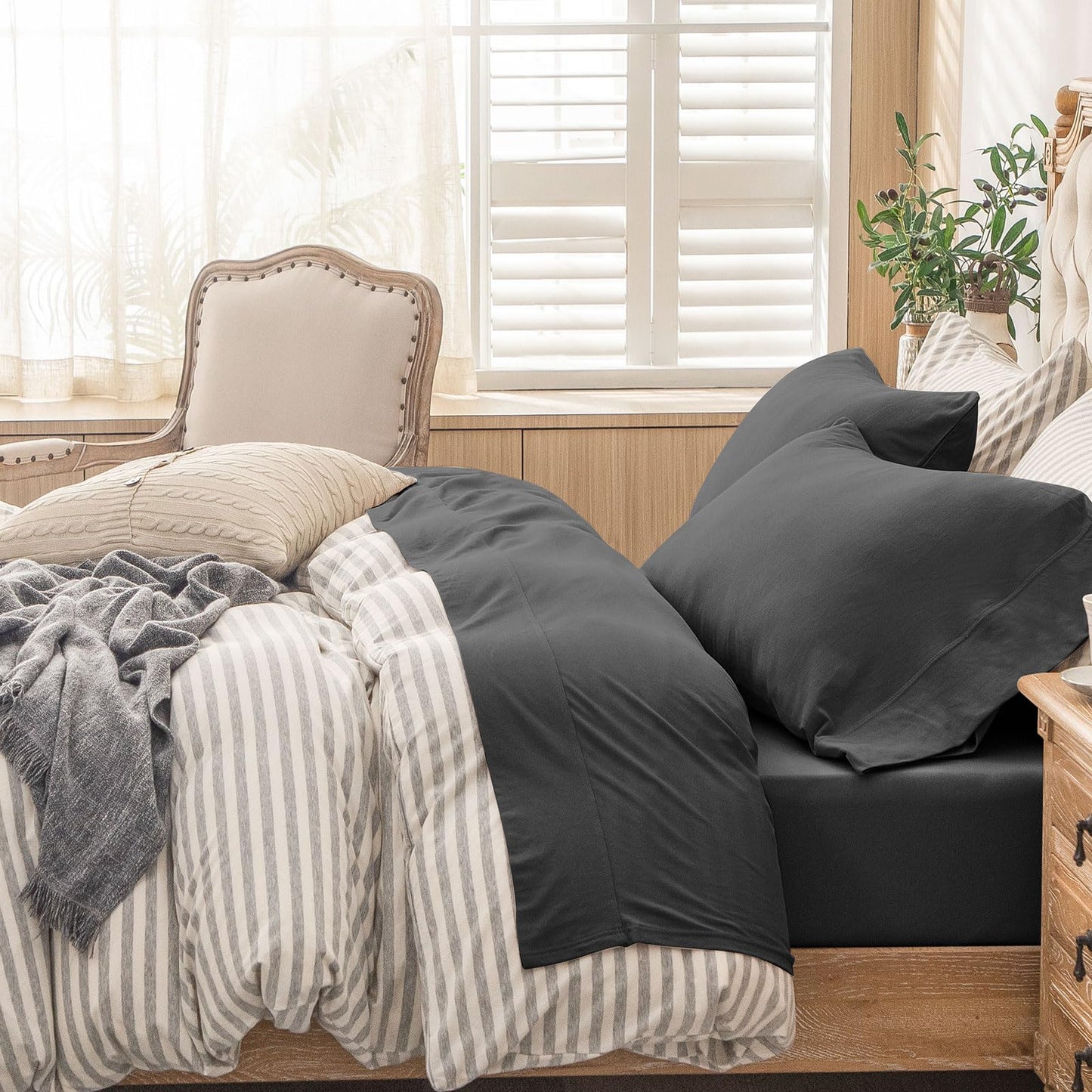 Dluxe Ave. ( KING ) Knit 4pc Bed Sheet Set 100% T-Shirt Cotton Super Soft Comfy, Deep Grey