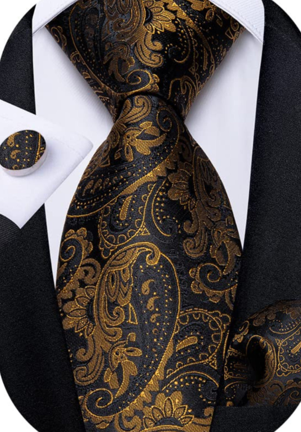 Dluxe Ave.  Black Brown Mens Tie Paisley Silk Necktie Set with Pocket Square Cufflinks Formal Ties