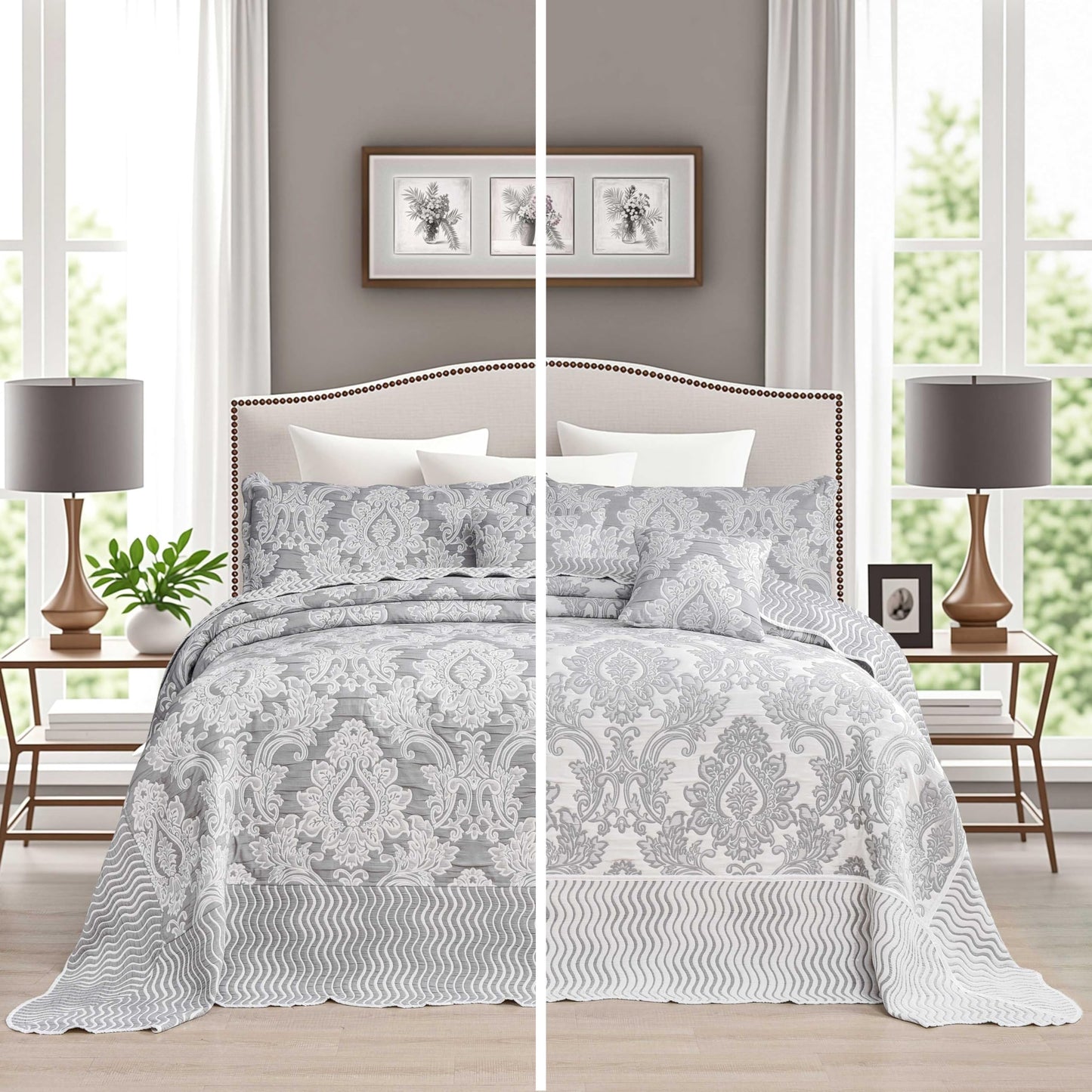 Dluxe Ave. ( CALI./KING ) 5 Pcs Oversized Bedspreads 120x120/ Extra Wide Coverlet Set/ Light Gray