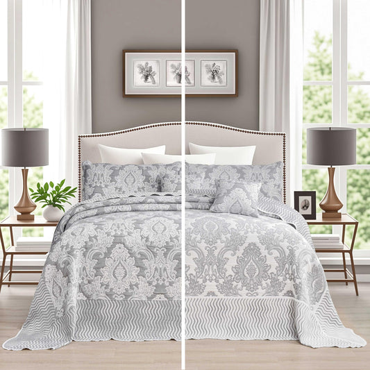 Dluxe Ave. ( CALI./KING ) 5 Pcs Oversized Bedspreads 120x120/ Extra Wide Coverlet Set/ Light Gray